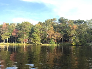 Boater's view of resort shoreline (cabin on left)