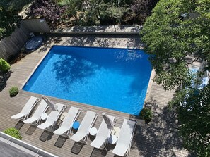 View of Pool, Hot Tub, and Outdoor Shower from Roof Deck