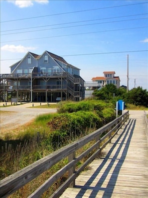 View of Beach Retreat East from walkway to the ocean. Only steps away to beach.