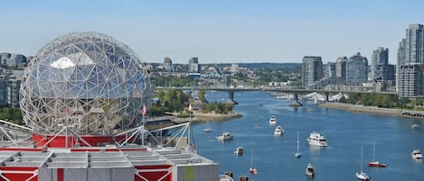 View from living room, dining room and balcony. Science World and False Creek