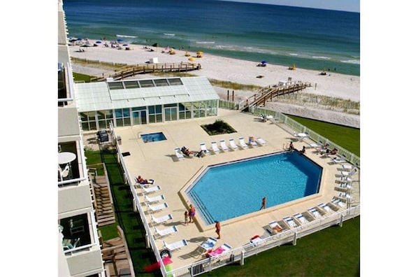 View from unit balcony to pool area and beach