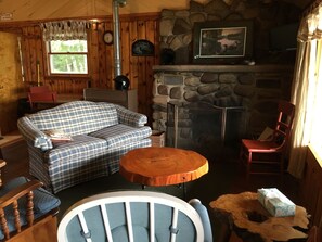 Natural stone fireplace in living room