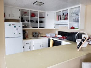 Kitchen stocked with all utensils and basics for cooking.