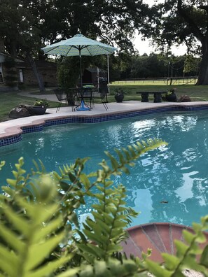 Pool is great for floating and a refreshing splash. No slide or diving board.