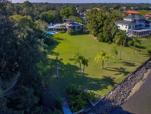 ariel view of waterfront backyard