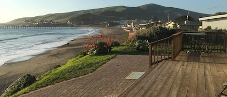 Endless ocean views from the deck and private stairs to the beach.