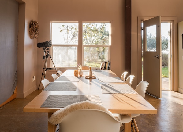 Inside dining table for small gatherings accompanied by Heath ceramics.