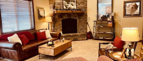 Cozy Living Room with Fireplace, views of the Big Hole Mountains and sunset view