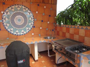 Outdoor kitchen, Weber for briquets on left, sink, gas griddle+2 burners, mango 