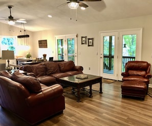Open-concept great room, dining room and kitchen.