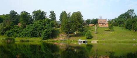 view from lake; our property tucked into trees in the center (not in clearing)