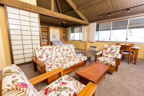 Great room with sliding shoji doors open to second bedroom area.