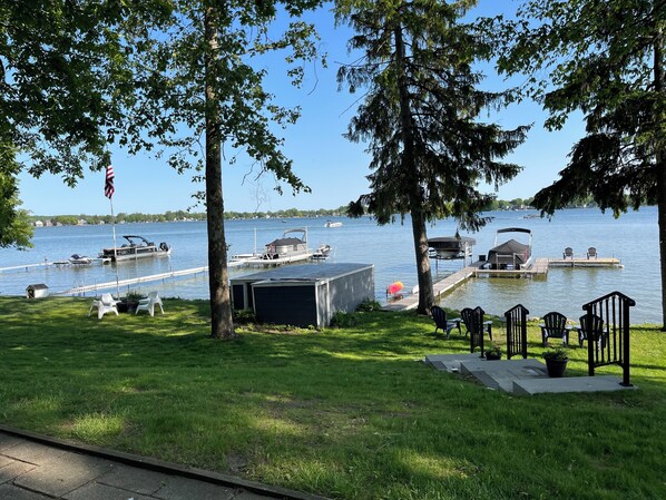 90 ft. of lakefront. Dock, seating areas, kayaks
