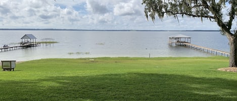 105 feet on Lake Weir. Tie your vessel up to bottom anchors right in back yard!
