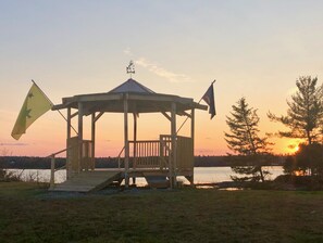 Just built, 2020! Gazebo in back field faces beach & tidal cove. (Flags: Maine)
