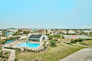Pool, tennis courts and volleyball areas.