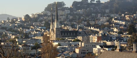 High above the rooftops of San Francisco in neighborhood of Noe Valley.