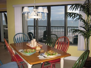 Dining room has large window for beach and ocean views