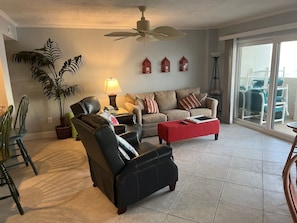Plush new top grain blue leather recliners, queen size sofa, great beach views