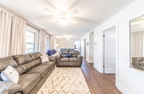 Upstairs living room with lots of seating. 