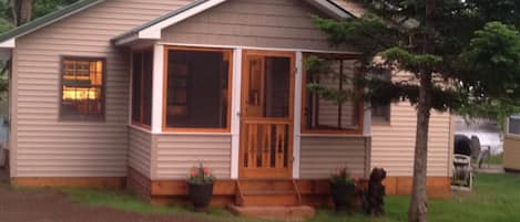 screened porch with mountain view