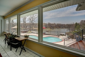 pool and lake view from kitchen