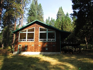Meadow-side view of the home