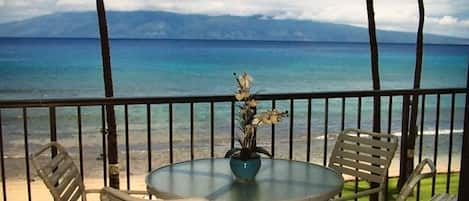 Ocean channel view from our lanai, Molokai in the background