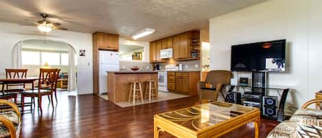 View from living room through kitchen, dining room and family room