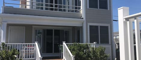 Our Home! View from the Patio showing front deck and lower patio
