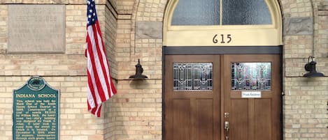 front entrance and historical markers