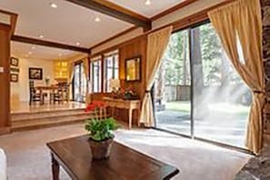 The living space flows right into the dining area and kitchen.