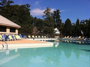 Large pool features lap lane.   Plenty of seating, rest rooms and showers. 