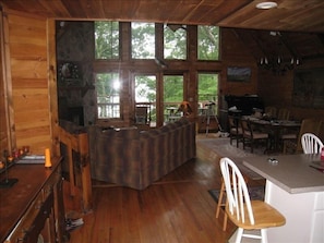 Huge gable windows facing the lake provide breath-taking yearround views.