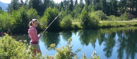 Wild roses line our PRIVATE stocked fishing pond --- everybody catches dinner