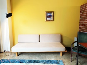 The sofa bed is comfortable for sleeping for family and group stays.