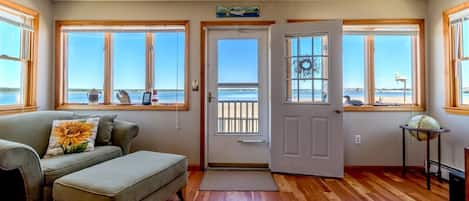 Living room looking out at low tide