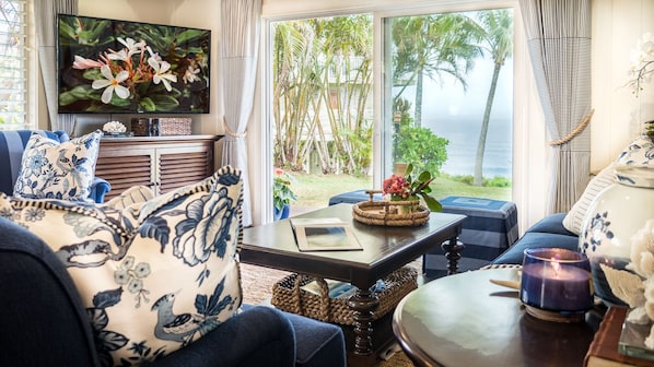 Living Room: Ocean View, 60" High Definition TV With A Samsung Sound System