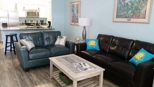 Brand new and comfy too.  Queen sofa sleeper has luxary memory foam mattress.