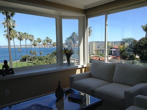 View from living room.
Sip wine from large coffee table and sofas.