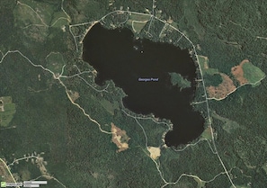 Aerial view of George's Pond. Our camp is in the cove on the bottom.
