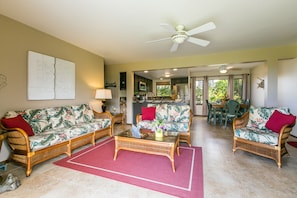 Living, kitchen, and dining