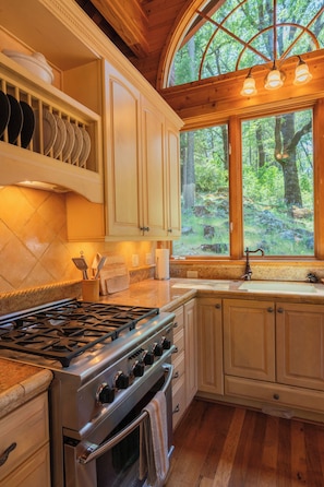 Stainless steel five-burner range.