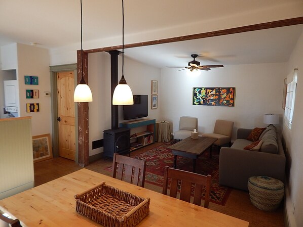 View of Living Room. 
Queen platform sleeper sofa, 50 inch smart tv with cable.