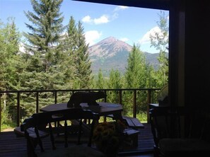 View from inside the log home looking out the large windows