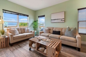 Open floor plan with comfy couches.  The large couch is a sleepe