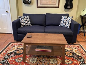 Queen-sized sofa bed in living room.