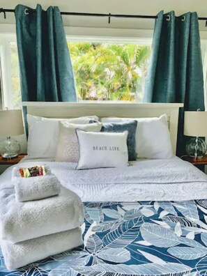 Newly renovated bedroom with comfortable queen bed