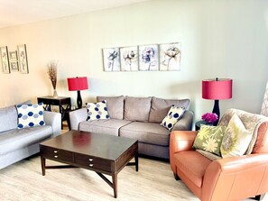 Couch turns into a sleeper sofa bed for extra sleeping space.