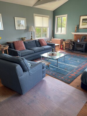 Sofa and chair recently reupholstered in sun proof fabric